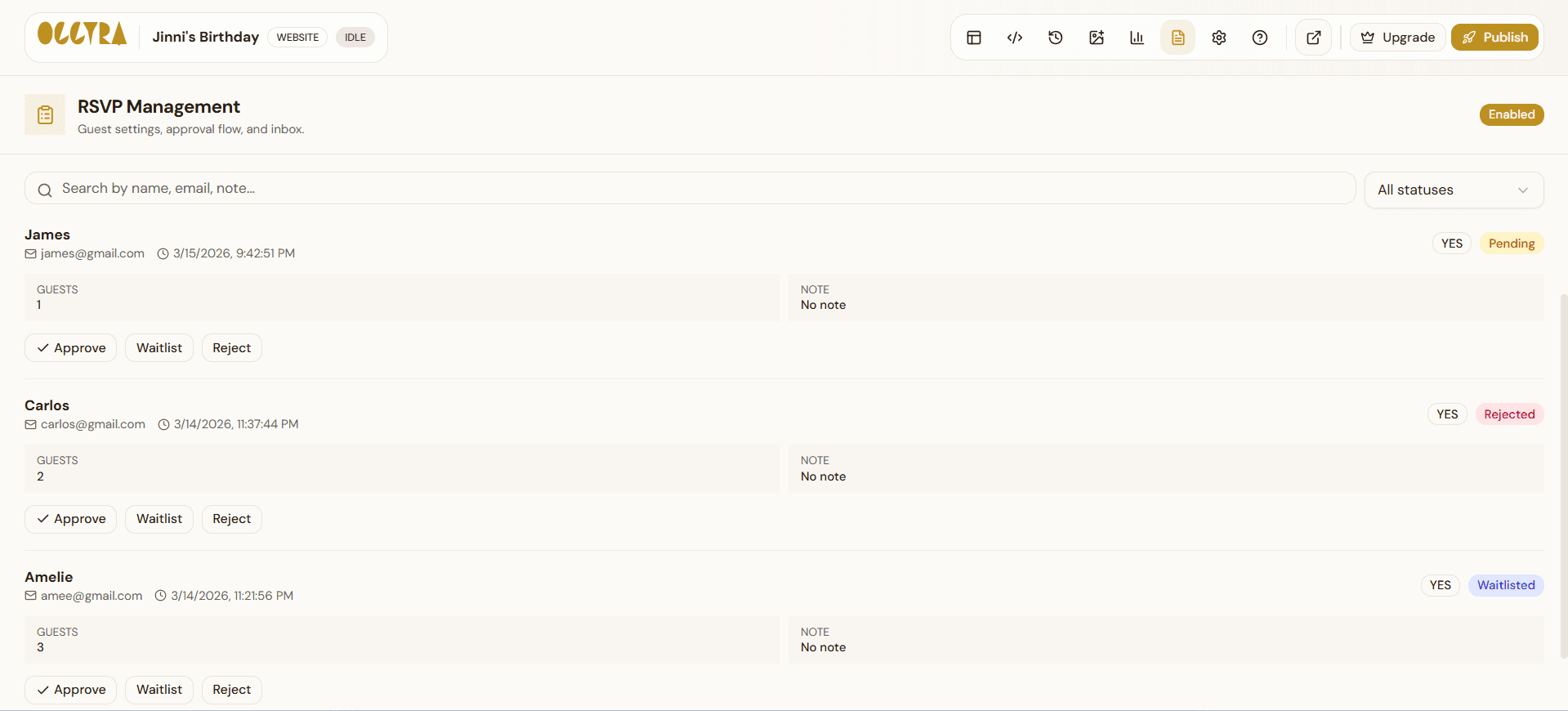 Guest list and RSVP management in Occyra